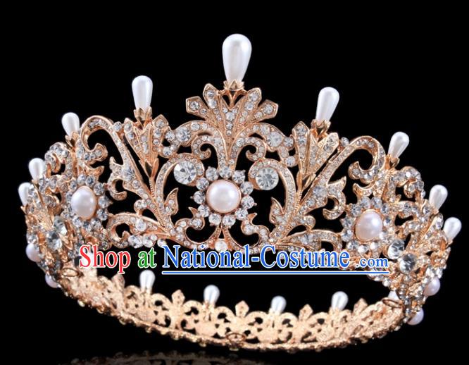 Top Grade Handmade Wedding Crystal Pearls Golden Royal Crown Baroque Retro Hair Accessories for Women