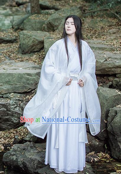 Traditional Chinese Jin Dynasty Nobility Childe Costumes Ancient Swordsman White Clothing for Men