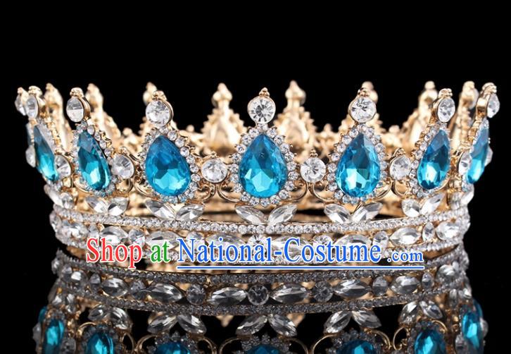 Top Grade Baroque Court Queen Blue Crystal Golden Royal Crown Retro Wedding Bride Hair Accessories for Women