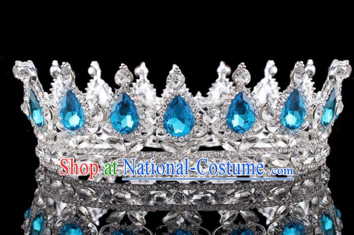 Top Grade Baroque Court Queen Blue Crystal Royal Crown Retro Wedding Bride Hair Accessories for Women