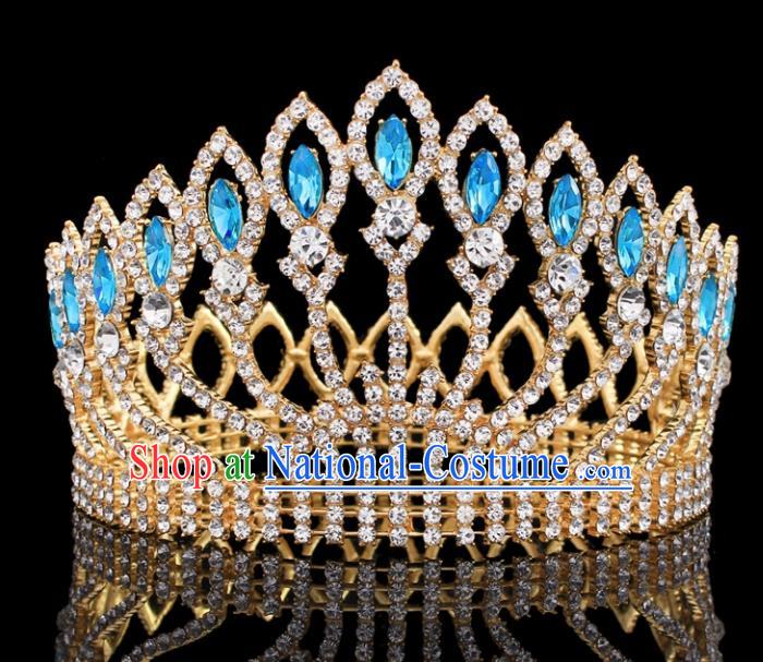 Top Grade Baroque Court Queen Blue Crystal Royal Crown Wedding Bride Hair Accessories for Women