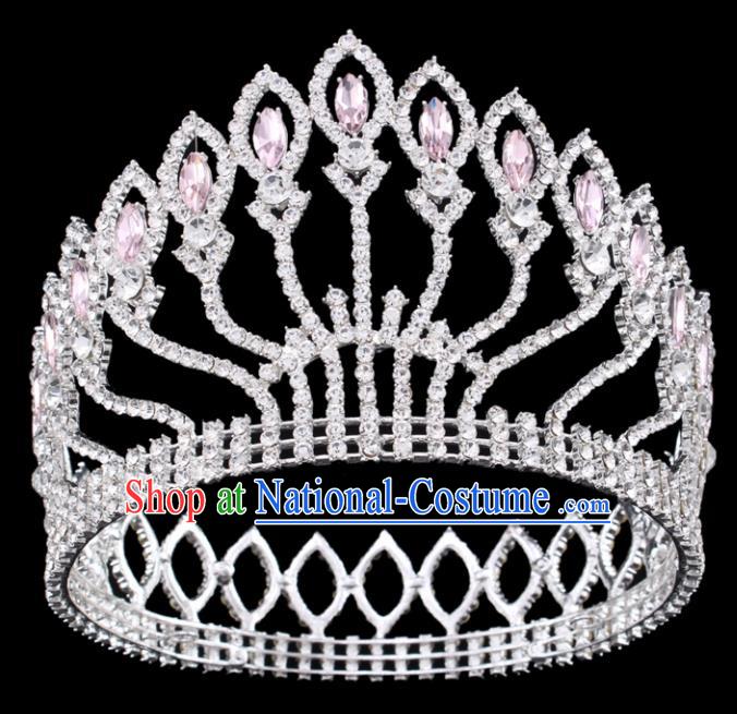 Top Grade Baroque Court Queen Pink Crystal Argent Royal Crown Wedding Bride Hair Accessories for Women