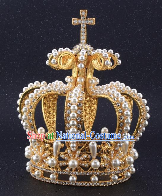 Top Grade Queen Pearls Golden Royal Crown Retro Baroque Wedding Bride Hair Accessories for Women