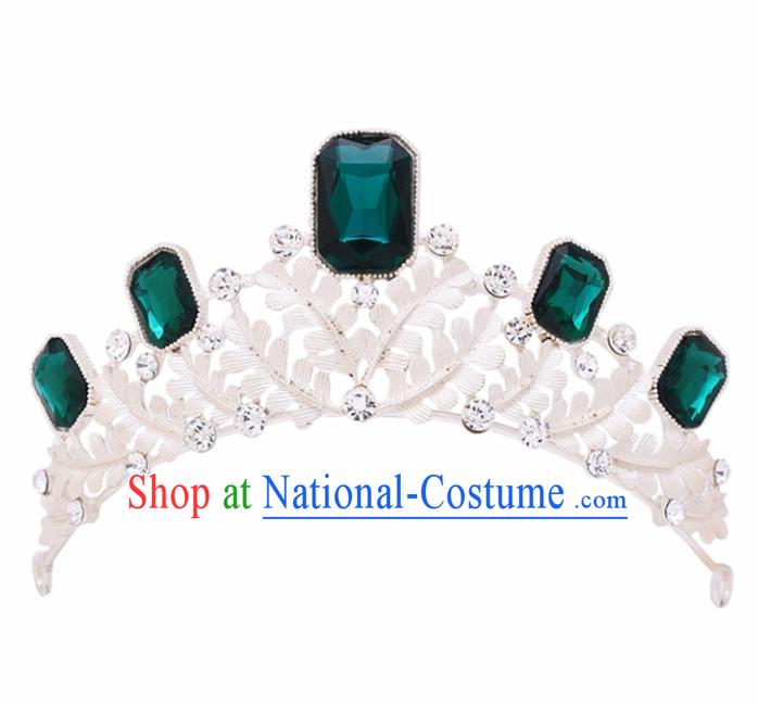 Handmade Bride Wedding Green Crystal Pearls Hair Jewelry Accessories Baroque Royal Crown for Women