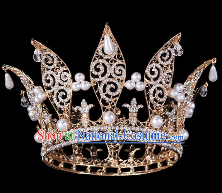 Handmade Bride Wedding Hair Jewelry Accessories Baroque Queen Crystal Pearls Golden Royal Crown for Women