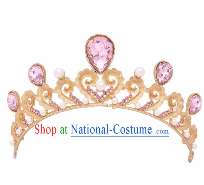 Handmade Bride Wedding Hair Jewelry Accessories Baroque Queen Pink Crystal Royal Crown for Women