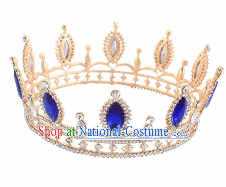 Top Grade Baroque Court Princess Blue Crystal Round Royal Crown Wedding Bride Hair Accessories for Women