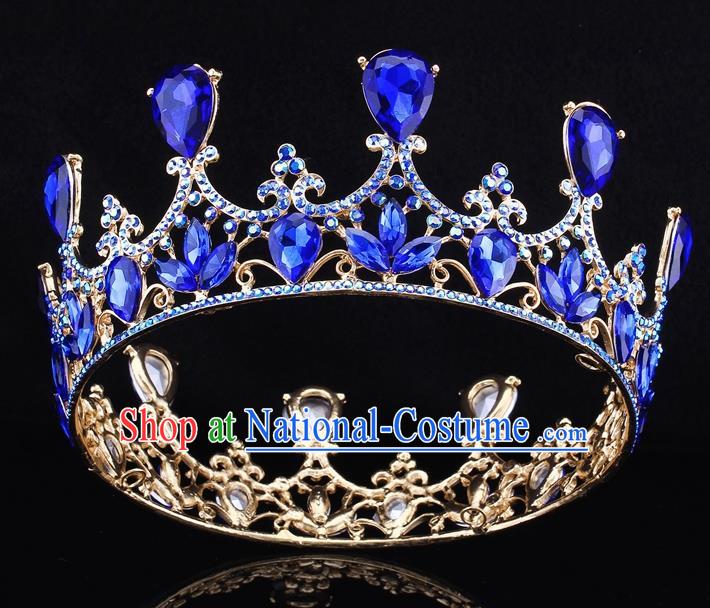 Top Grade Baroque Court Princess Blue Round Royal Crown Wedding Bride Hair Accessories for Women