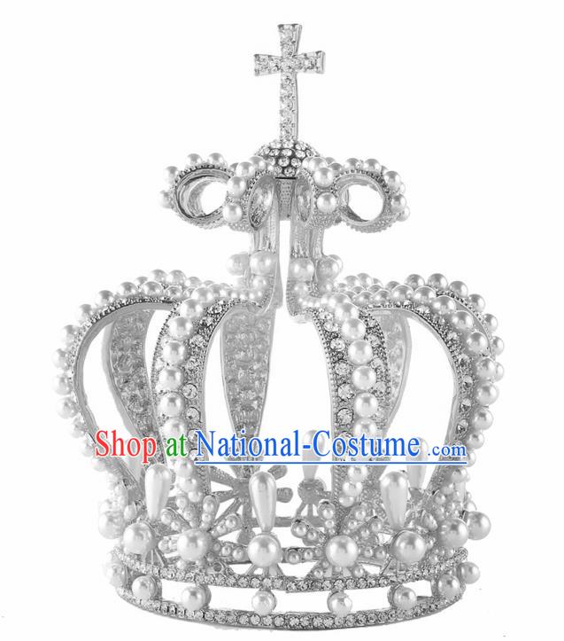 Top Grade Queen Pearls Argent Royal Crown Retro Baroque Wedding Bride Hair Accessories for Women