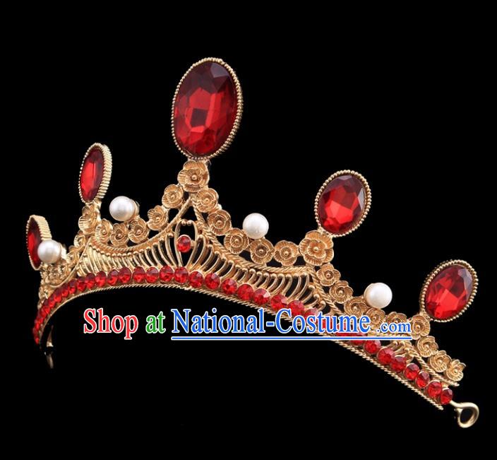 Top Grade Bride Wedding Hair Jewelry Accessories Baroque Red Crystal Royal Crown for Women