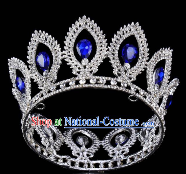 Top Grade Bride Wedding Hair Jewelry Accessories Baroque Blue Crystal Round Royal Crown for Women