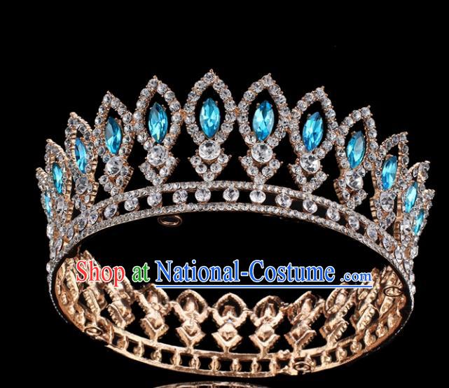 Top Grade Bride Wedding Hair Jewelry Accessories Baroque Blue Crystal Round Royal Crown for Women