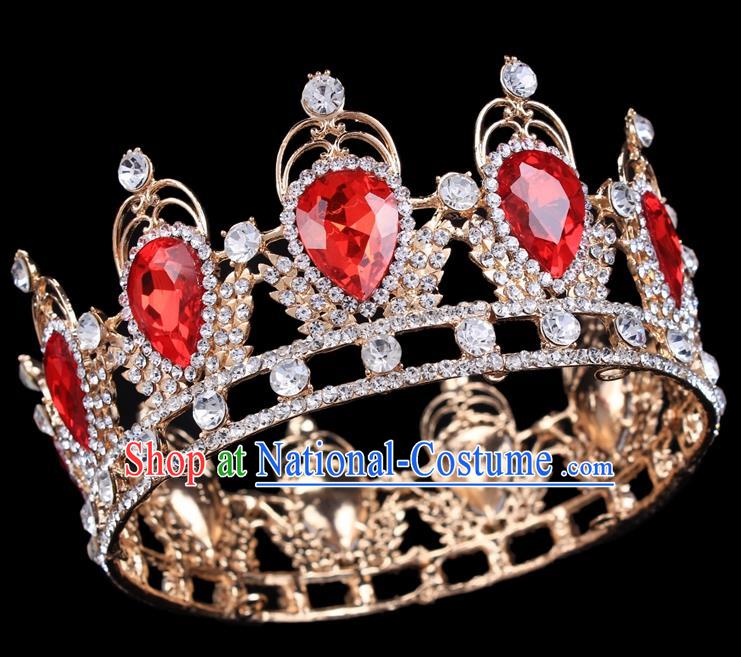 Handmade Bride Wedding Hair Jewelry Accessories Baroque Red Crystal Round Royal Crown for Women