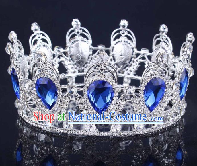 Handmade Bride Wedding Hair Jewelry Accessories Baroque Blue Crystal Round Royal Crown for Women