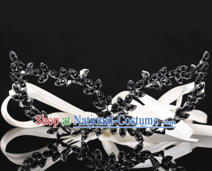 Handmade Halloween Accessories Venice Fancy Ball Black Leaf Crystal Masks for Women