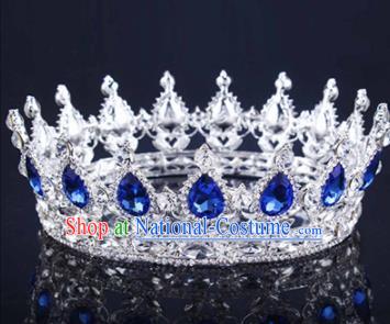 Handmade Bride Wedding Hair Jewelry Accessories Baroque Queen Royalblue Crystal Royal Crown for Women