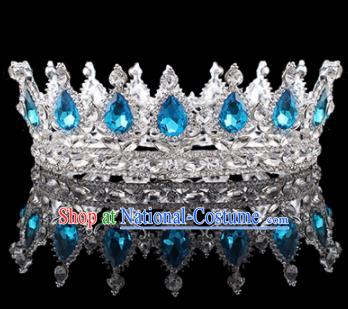 Handmade Bride Wedding Hair Jewelry Accessories Baroque Queen Blue Crystal Royal Crown for Women