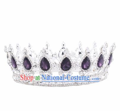 Handmade Bride Wedding Hair Jewelry Accessories Baroque Queen Purple Crystal Royal Crown for Women