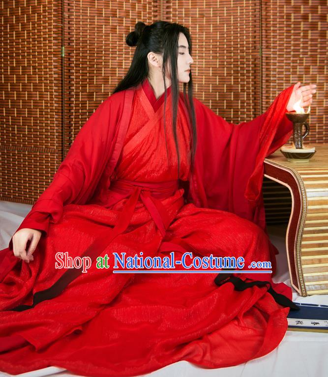 Chinese Ancient Han Dynasty Swordsman Wedding Red Costumes Complete Set for Men