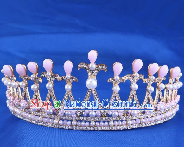 Handmade Bride Wedding Hair Jewelry Accessories Baroque Pink Beads Royal Crown for Women