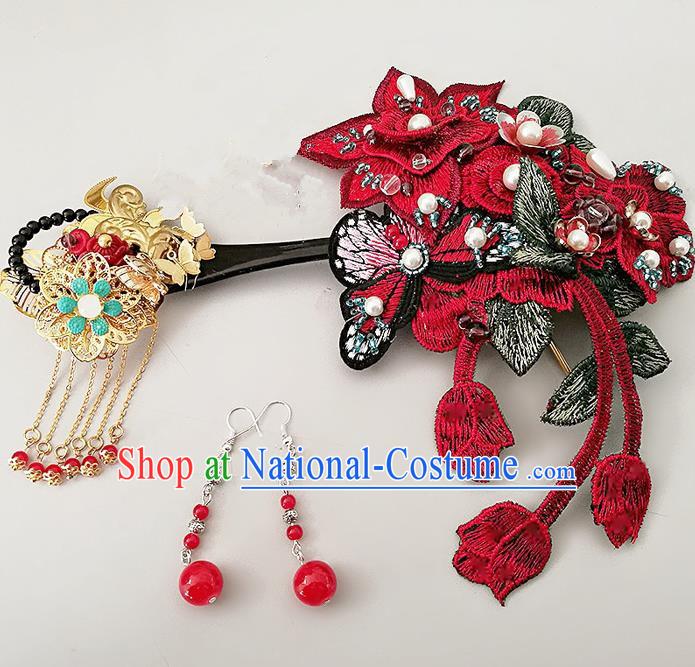 Chinese Ancient Han Dynasty Princess Hair Accessories Palace Red Embroidered Hairpins for Women