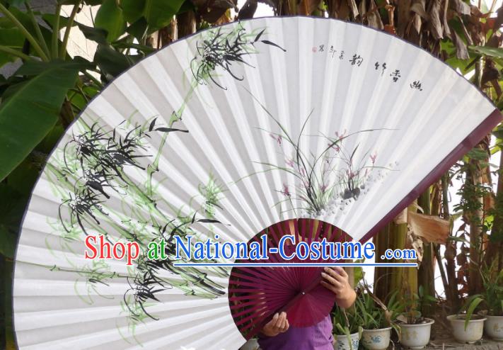 Chinese Traditional Paper Fans Decoration Crafts Painting Orchid Bamboo Red Frame Folding Fans