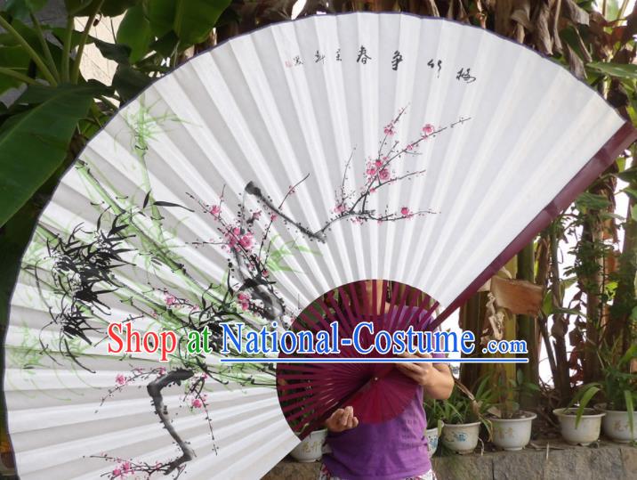 Chinese Traditional Paper Fans Decoration Crafts Hand Ink Painting Plum Blossom Bamboo Red Frame Folding Fans