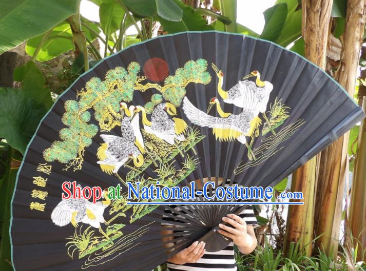 Chinese Traditional Black Silk Fans Decoration Crafts Handmade Printing Cranes Folding Fans