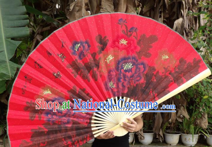 Chinese Traditional Red Paper Fans Decoration Crafts Handmade Printing Peony Wood Frame Folding Fans