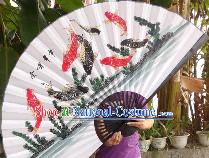 Chinese Traditional Paper Fans Decoration Crafts Handmade Printing Nine Fishes Black Frame Folding Fans