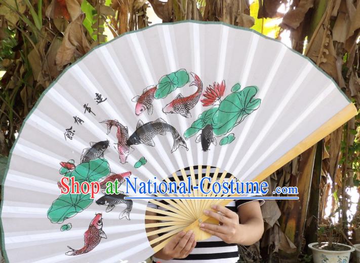 Chinese Traditional Paper Fans Decoration Crafts Handmade Printing Nine Fishes Lotus Wood Frame Folding Fans