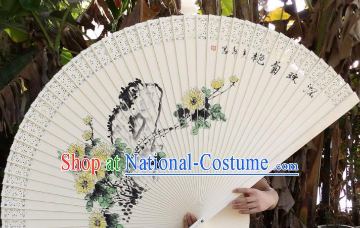 Chinese Traditional Wood Fans Decoration Crafts Handmade Printing Chrysanthemum Folding Fans