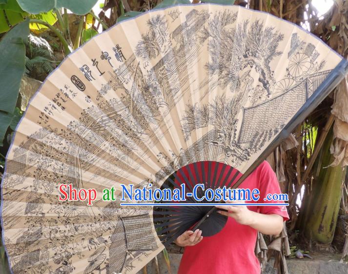 Chinese Traditional Handmade Paper Fans Decoration Crafts Printing Black Frame Folding Fans