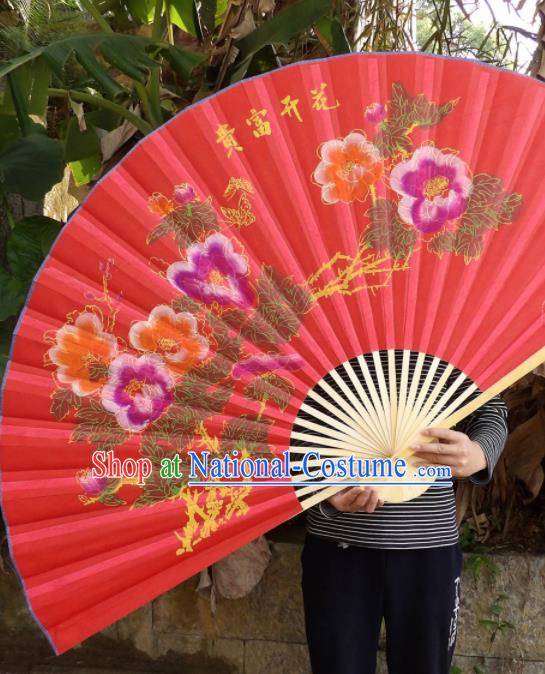 Chinese Traditional Handmade Red Silk Fans Decoration Crafts Printing Peony Wood Frame Folding Fans