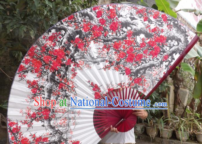 Chinese Traditional Handmade White Paper Fans Decoration Crafts Printing Plum Blossom Red Frame Folding Fans