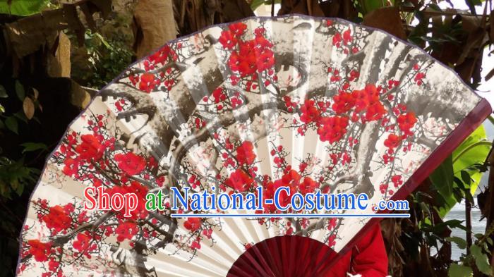 Chinese Traditional Handmade White Paper Fans Decoration Crafts Ink Painting Plum Blossom Red Frame Folding Fans