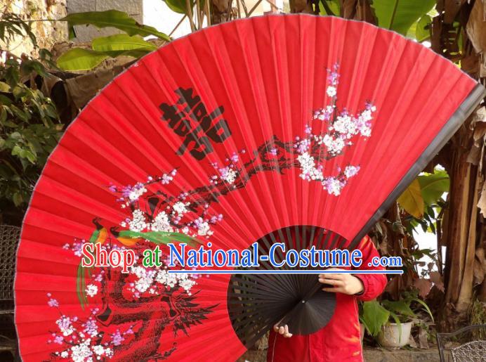 Chinese Traditional Handmade Red Silk Fans Decoration Crafts Ink Painting Plum Blossom Black Frame Folding Fans