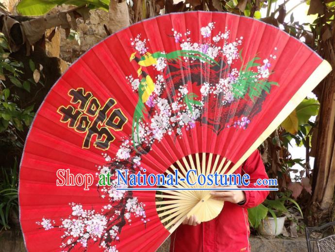 Chinese Traditional Handmade Red Silk Fans Decoration Crafts Ink Painting Plum Blossom Wood Frame Folding Fans