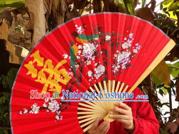 Chinese Traditional Handmade Red Silk Fans Decoration Crafts Ink Painting Magpie Plum Blossom Wood Frame Folding Fans