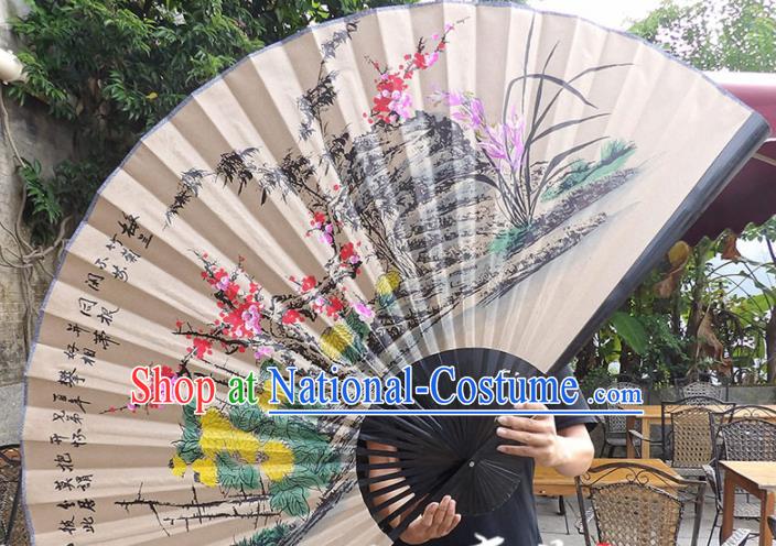 Chinese Traditional Crafts Black Frame Folding Fans Ink Painting Plum Blossom Orchid Bamboo and Chrysanthemum Paper Fans