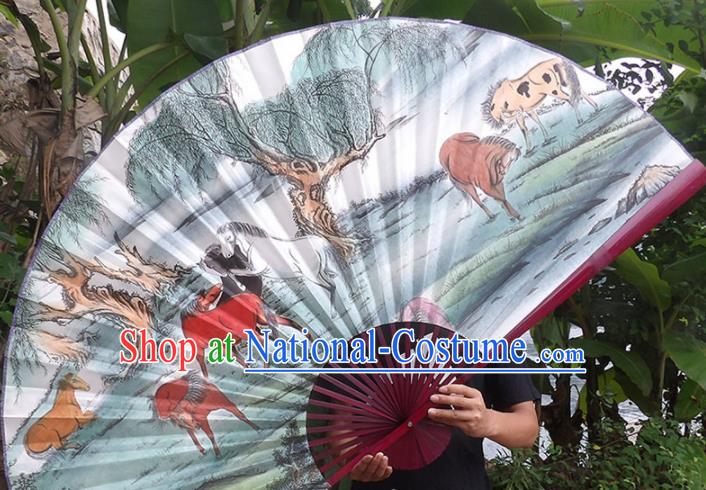 Chinese Traditional Crafts Red Frame Folding Fans Ink Painting Horses Paper Fans