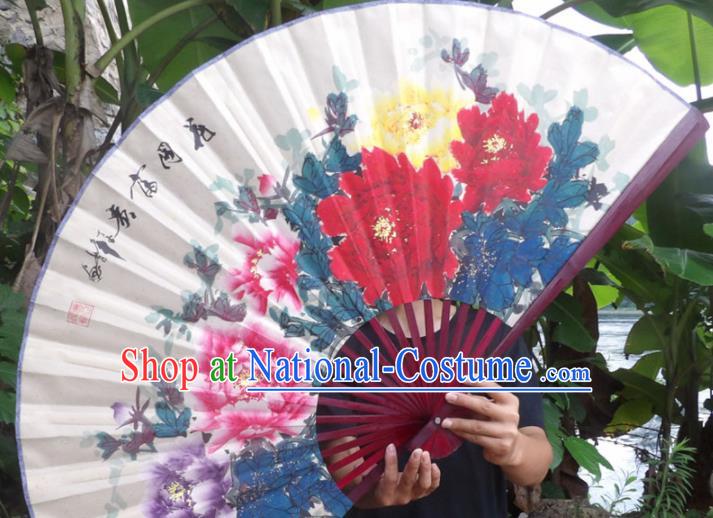 Chinese Traditional Decoration Crafts Red Wood Frame Folding Fans Hand Painting Peony Flowers Paper Fans