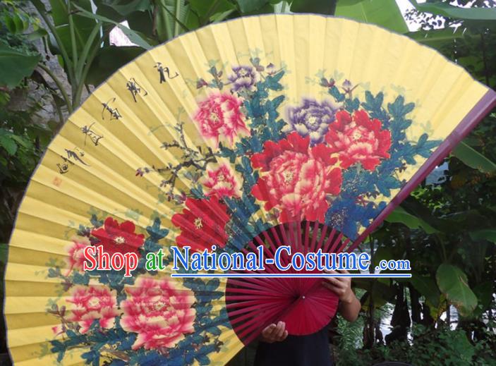 Chinese Traditional Fans Decoration Crafts Red Frame Hand Painting Peony Folding Fans Yellow Paper Fans