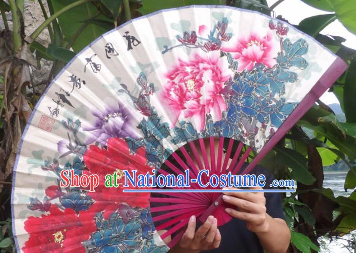 Chinese Traditional Decoration Crafts Red Frame Folding Fans Hand Painting Peony Flowers Paper Fans