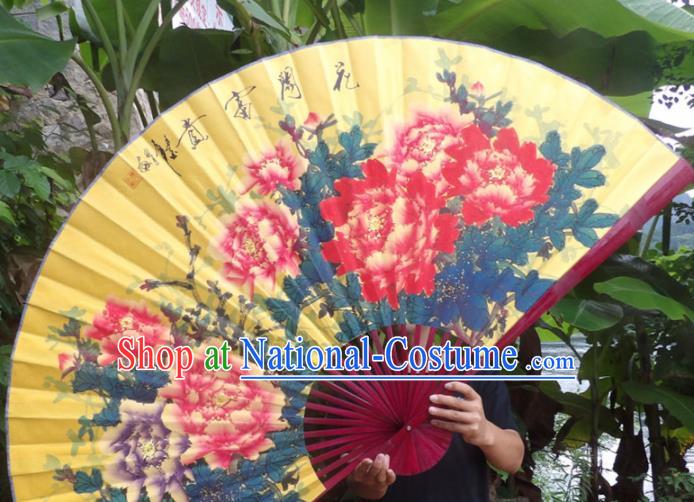 Chinese Traditional Fans Decoration Crafts Painting Peony Folding Fans Yellow Paper Fans