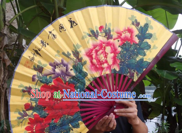 Chinese Traditional Fans Decoration Crafts Ink Painting Wealth Peony Folding Fans Yellow Paper Fans