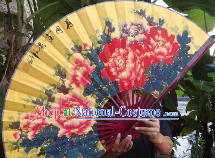 Chinese Traditional Fans Decoration Crafts Painting Wealth Peony Folding Fans Yellow Paper Fans