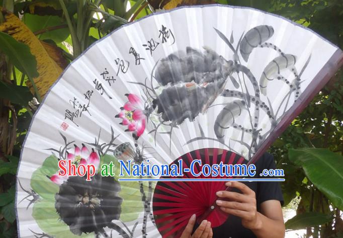 Chinese Traditional Fans Decoration Crafts Ink Painting Lotus Leaf Folding Fans Paper Fans