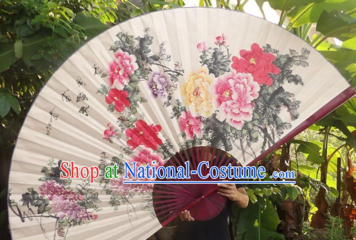 Chinese Traditional Fans Decoration Crafts Red Frame Ink Painting Peony Folding Fans Paper Fans