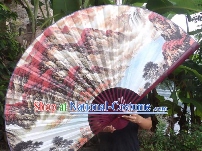 Chinese Traditional Fans Decoration Crafts Red Frame Ink Painting Mountain View Folding Fans Paper Fans